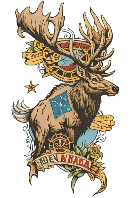 elk, railroads and nevada state flag tattoo design idea