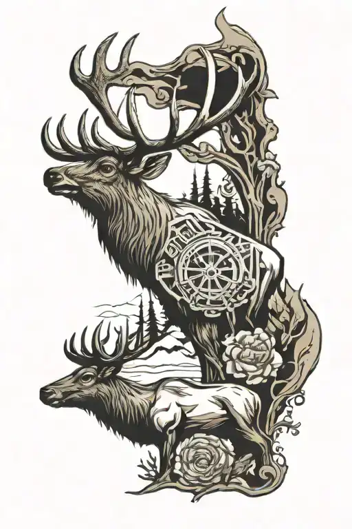 elk and railroads tattoo design idea