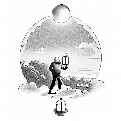 old man holding an illuminating lantern standing on a cliffs edge tattoo design idea