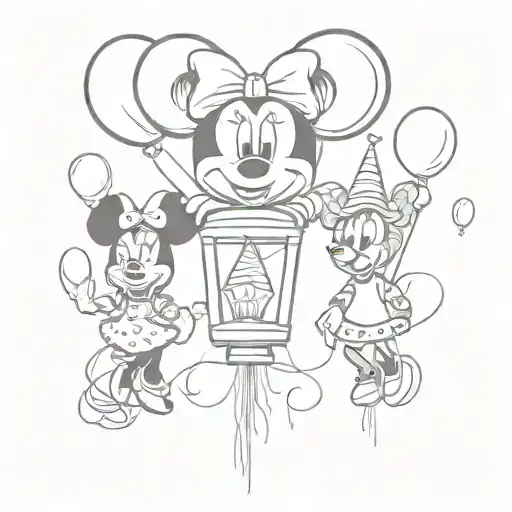 Disney sketch with Mickey, Minnie, balloons, rose, lantern  tattoo design idea