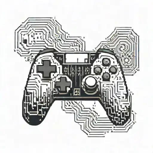 A pixelated video game controller with a trail of binary code wrapping around it tattoo design idea