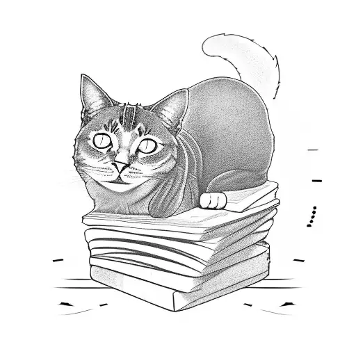 A silhouette of a cat sitting on a stack of books, with poetry lines flowing out from the books tattoo design idea