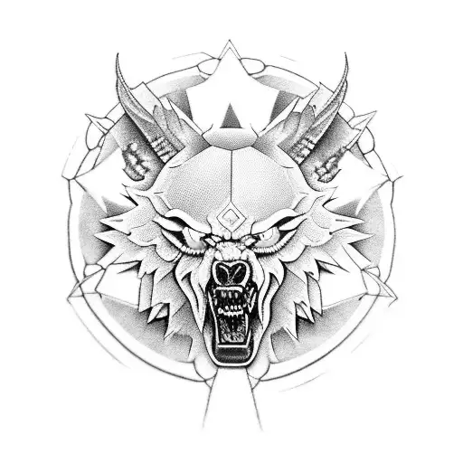 lobo con los ojos azules, estilo, con un reloj de números romanos y una estatua de la libertad llorando.  tattoo design idea