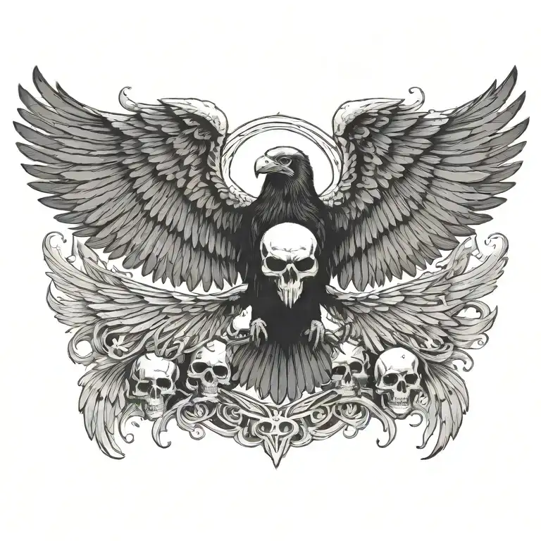 raven flying towards the viewer wings spread open gripping a detailed skull in its talons with smaller piles of skulls  tattoo design idea