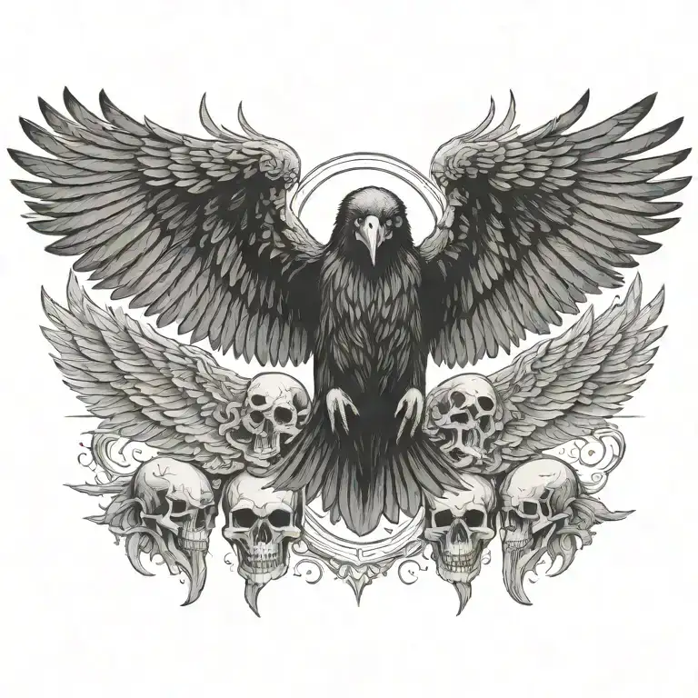 raven flying towards the viewer wings spread open gripping a detailed skull in its talons with smaller piles of skulls  tattoo design idea
