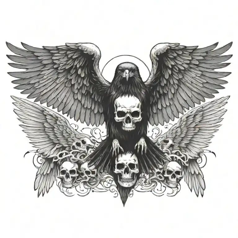 raven flying towards the viewer wings spread open gripping a detailed skull in its talons with smaller piles of skulls  tattoo design idea