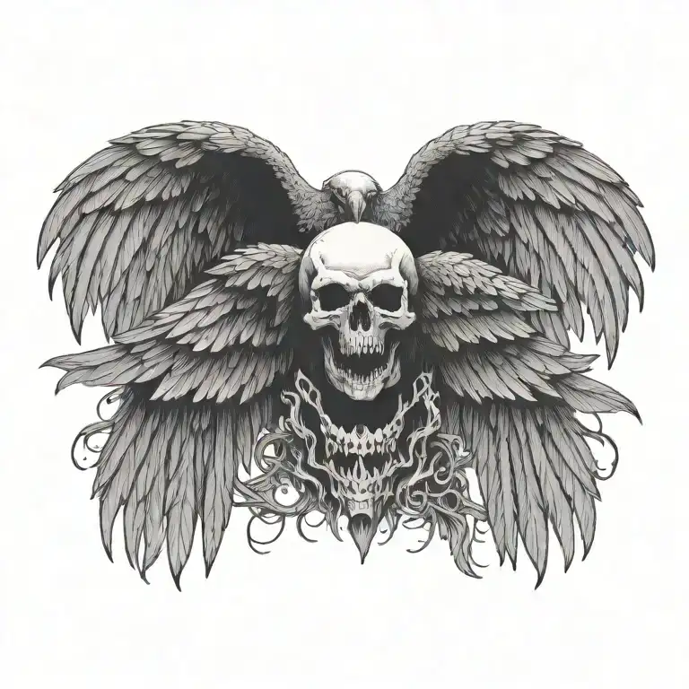flying raven wings spread wide  detailed skull carrying  tattoo design idea