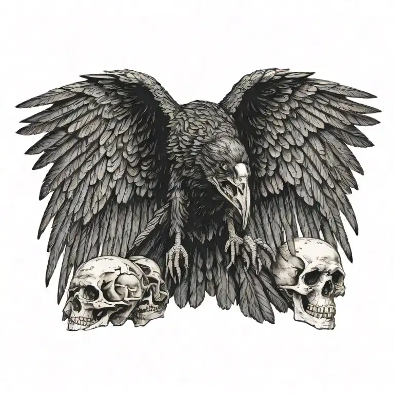 raven flying towards the viewer wings spread open gripping a detailed skull in its talons with smaller piles of skulls  tattoo design idea