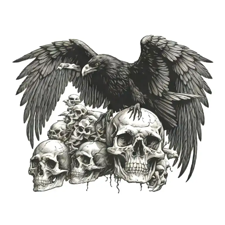raven flying towards the viewer wings spread open gripping a detailed skull in its talons with smaller piles of skulls  tattoo design idea