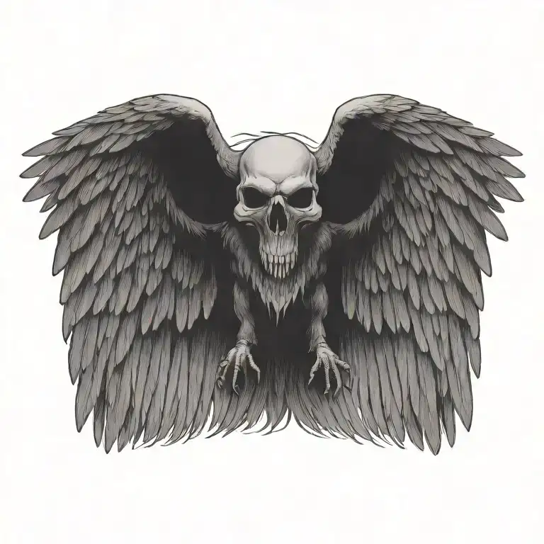 flying raven wings spread wide  detailed skull carrying  tattoo design idea