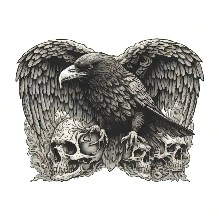 flying raven detailed skull carrying tattoo design idea