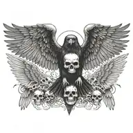 raven flying towards the viewer wings spread open gripping a detailed skull in its talons with smaller piles of skulls  tattoo design idea