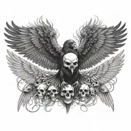 raven flying towards the viewer wings spread open gripping a detailed skull in its talons with smaller piles of skulls  tattoo design idea