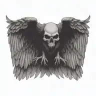 flying raven wings spread wide  detailed skull carrying  tattoo design idea