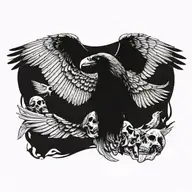 raven flying towards the viewer wings spread open gripping a detailed skull in its talons with smaller piles of skulls  tattoo design idea