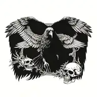 raven flying towards the viewer wings spread open gripping a detailed skull in its talons with smaller piles of skulls  tattoo design idea