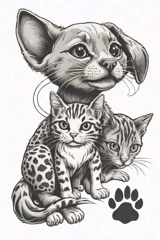 cat and dog sitting with paw prints and infinity symbol tattoo design idea