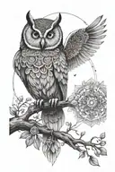 A mystical owl perched on a branch with a mandala design incorporating elements of music and nature tattoo design idea