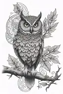 A mystical owl perched on a branch with a mandala design incorporating elements of music and nature tattoo design idea