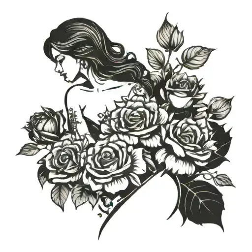 A blackwork tattoo of a beautiful shemale silhouette surrounded by roses, showcasing the client's admiration for transgender beauty tattoo design idea