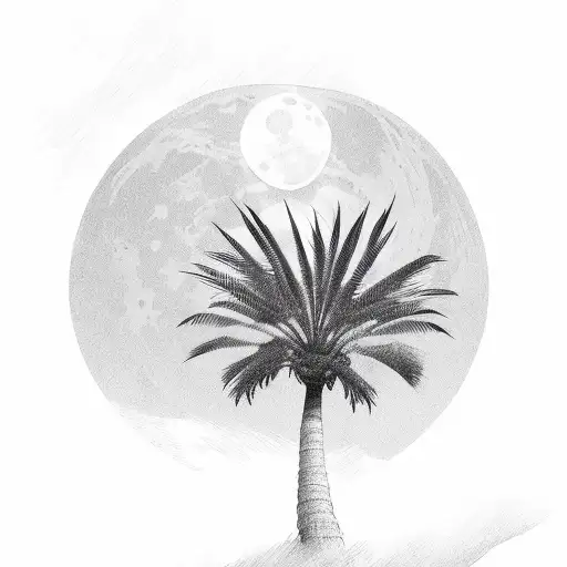 palm tree, dense roots, sea and moon tattoo design idea