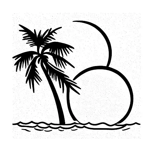 palm tree, dense roots, sea and moon tattoo design idea