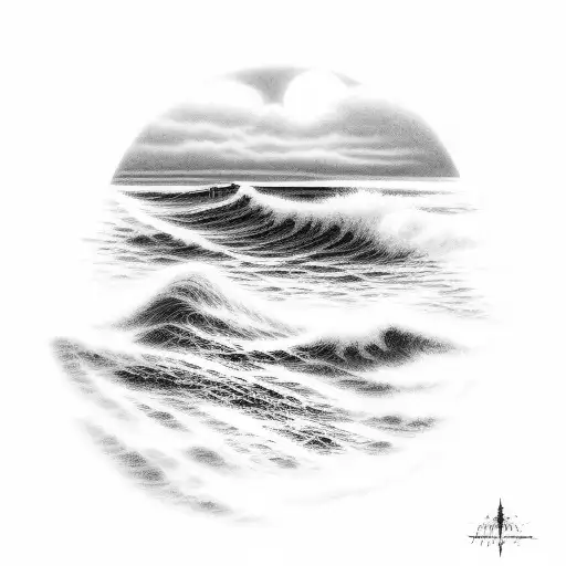 A beach sunset with waves crashing against the shore tattoo design idea