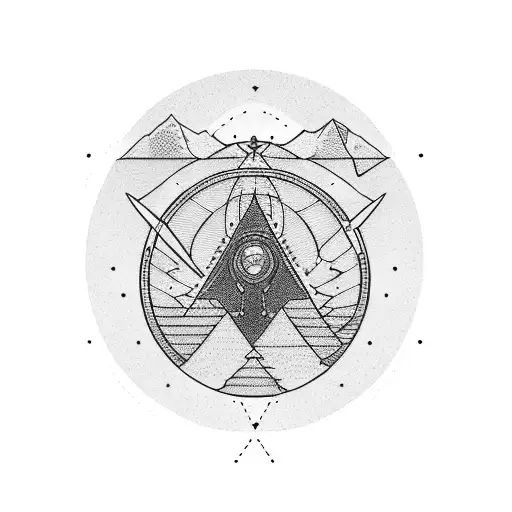 A guitar morphing into a mountain range with a compass tattoo design idea