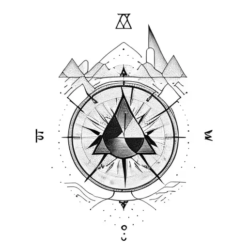 A guitar morphing into a mountain range with a compass tattoo design idea