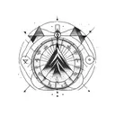 A guitar morphing into a mountain range with a compass tattoo design idea