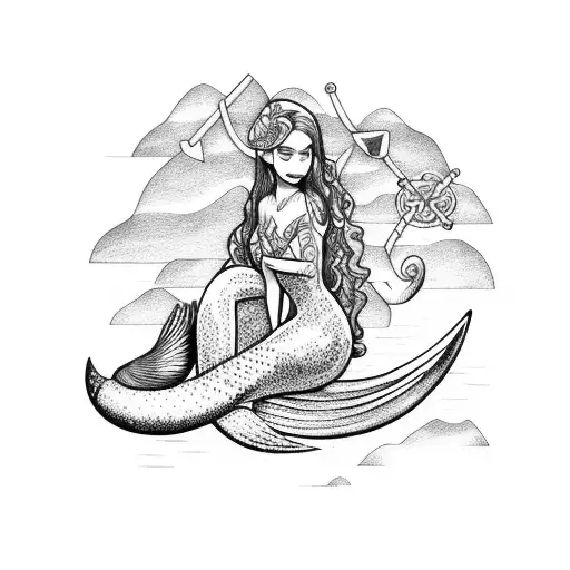 mermaid sitting on an anchor looking backwards holding a quetzal tattoo design idea
