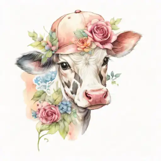 A cute baby  cow wearing a baseball cap with a background of watercolor flowers and lace tattoo design idea