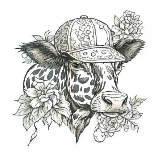 A cow wearing a baseball cap with a background of watercolor flowers and lace tattoo design idea