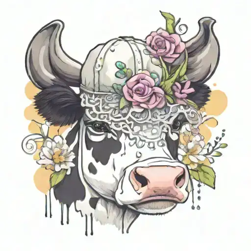 A cute cow wearing a baseball cap with a background of watercolor flowers and lace tattoo design idea