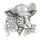 A cow wearing a baseball cap with a background of watercolor flowers and lace tattoo design idea