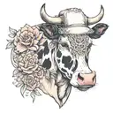 A cow wearing a baseball cap with a background of watercolor flowers and lace tattoo design idea