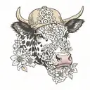 A cow wearing a baseball cap with a background of watercolor flowers and lace tattoo design idea