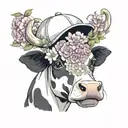 A cute cow wearing a baseball cap with a background of watercolor flowers and lace tattoo design idea