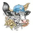 A cute cow wearing a baseball cap with a background of watercolor flowers and lace tattoo design idea