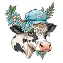 A cute cow wearing a baseball cap with a background of watercolor flowers and lace tattoo design idea