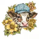 A cute baby  cow wearing a baseball cap with a background of watercolor flowers and lace tattoo design idea