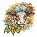 A cute baby  cow wearing a baseball cap with a background of watercolor flowers and lace tattoo design idea