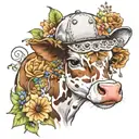 A cute baby  cow wearing a baseball cap with a background of watercolor flowers and lace tattoo design idea