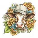 A cute baby  cow wearing a baseball cap with a background of watercolor flowers and lace tattoo design idea