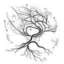 A minimalist tattoo of a neuron with musical notes flowing around it tattoo design idea