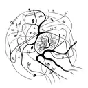 A minimalist tattoo of a neuron with musical notes flowing around it tattoo design idea