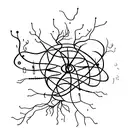 A minimalist tattoo of a neuron with musical notes flowing around it tattoo design idea