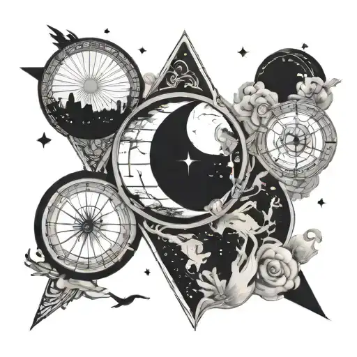 The sky is the limit and the road, through the earth and around the writing add figures to the left and right of the moon and sun, symbolizing the sky, and the image of the wheel of the earth, symbolizing tattoo design idea