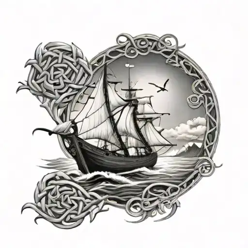 Design a tattoo of a Gaelic knotwork boat sailing towards a mystical Faerie island, blending the client's love for sailing and mythology tattoo design idea