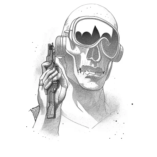 man reflection in mirror holding gun tattoo design idea